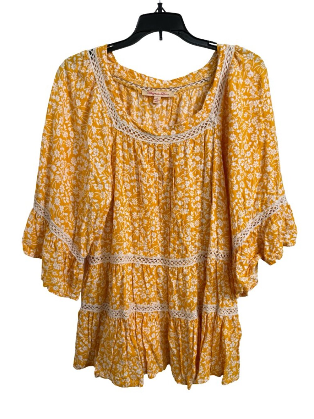 Magnolia Lane Top Blouse Medium Yellow White Ditsy Floral Tiered Eyelet Prairie